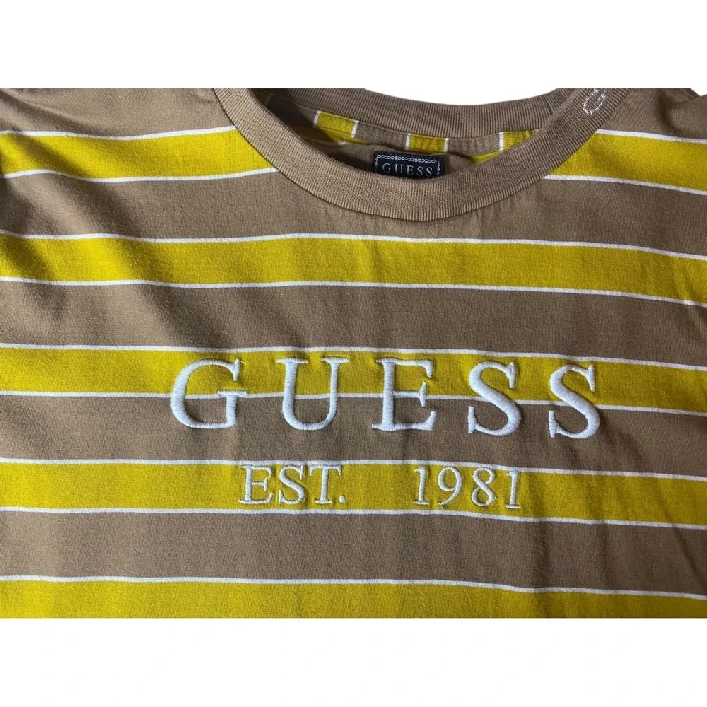 GUESS Striped T-Shirt Mens Large Brown Gold Retro Y2K Streetwear - Picture 4 of 5